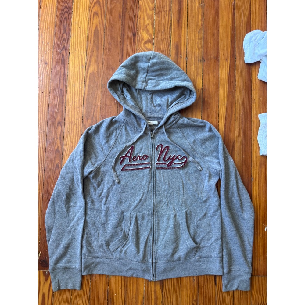 Aeropostale Womens Large Gray Aero Nyc Full Zip Hoodie Fleece Sweatshirt